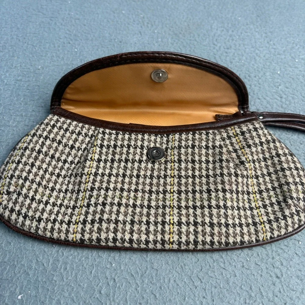 Vintage Houndstooth Wristlet Clutch Brown Tan Plaid Magnetic Snap Bag